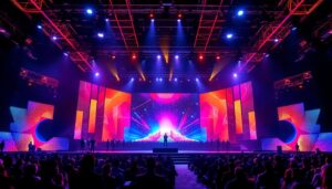 A photograph of a dynamic conference stage featuring an impressive led display
