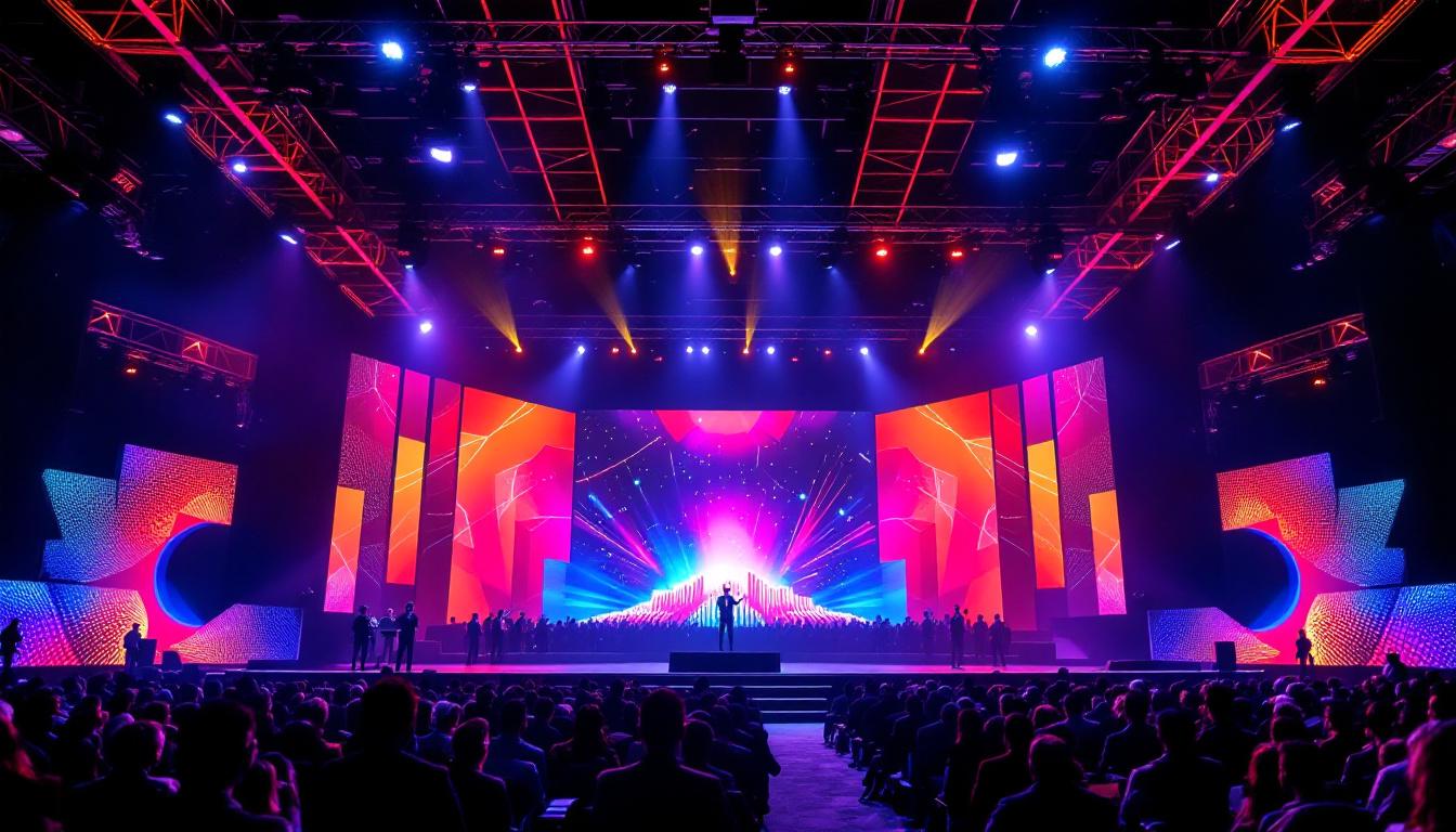 A photograph of a dynamic conference stage featuring an impressive led display