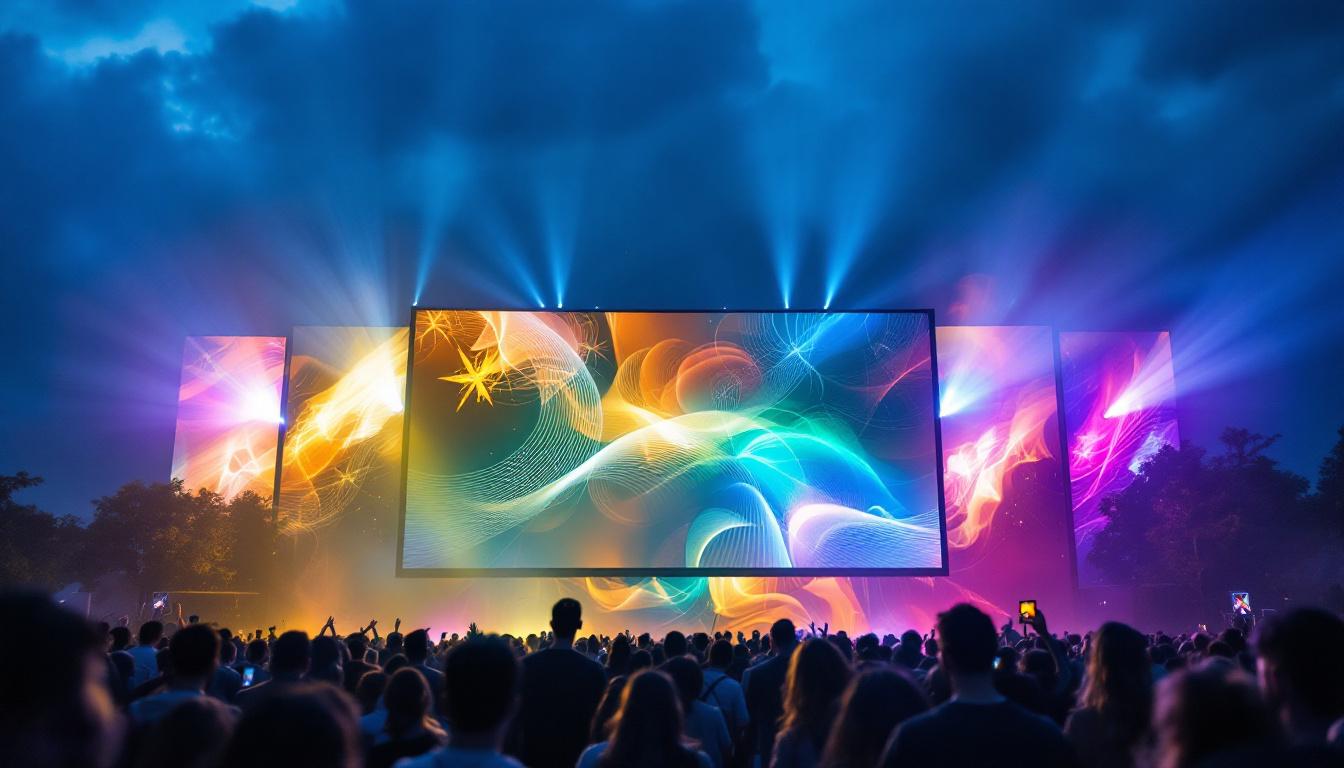 A photograph of a vibrant outdoor event featuring a large led screen displaying dynamic visuals