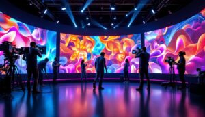 A photograph of a vibrant virtual production studio featuring a large led display in action