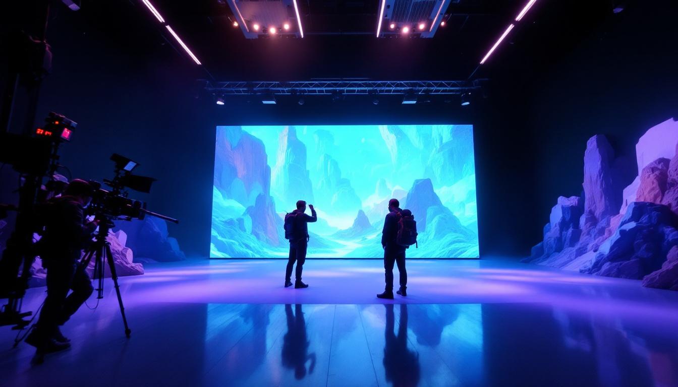 A photograph of capture a photograph of a vibrant led volume stage used in film production