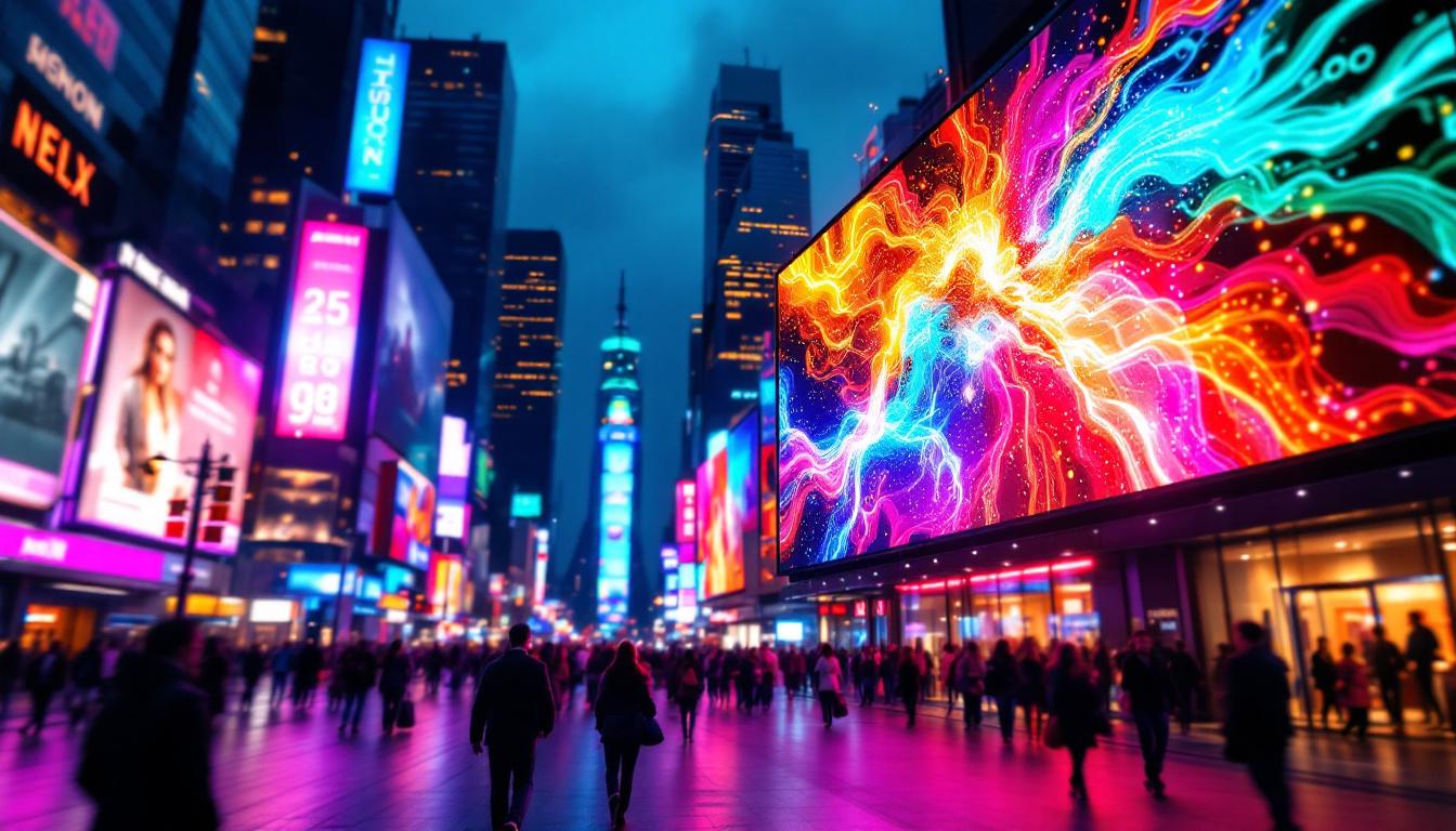 A photograph of a vibrant led display in a bustling urban environment