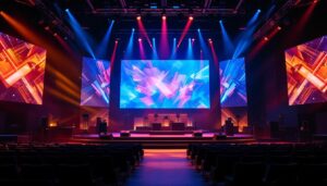 A photograph of a vibrant church set design featuring an impressive led display