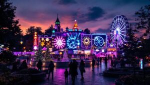 A photograph of capture a photograph of the vibrant led display at hershey park during the evening