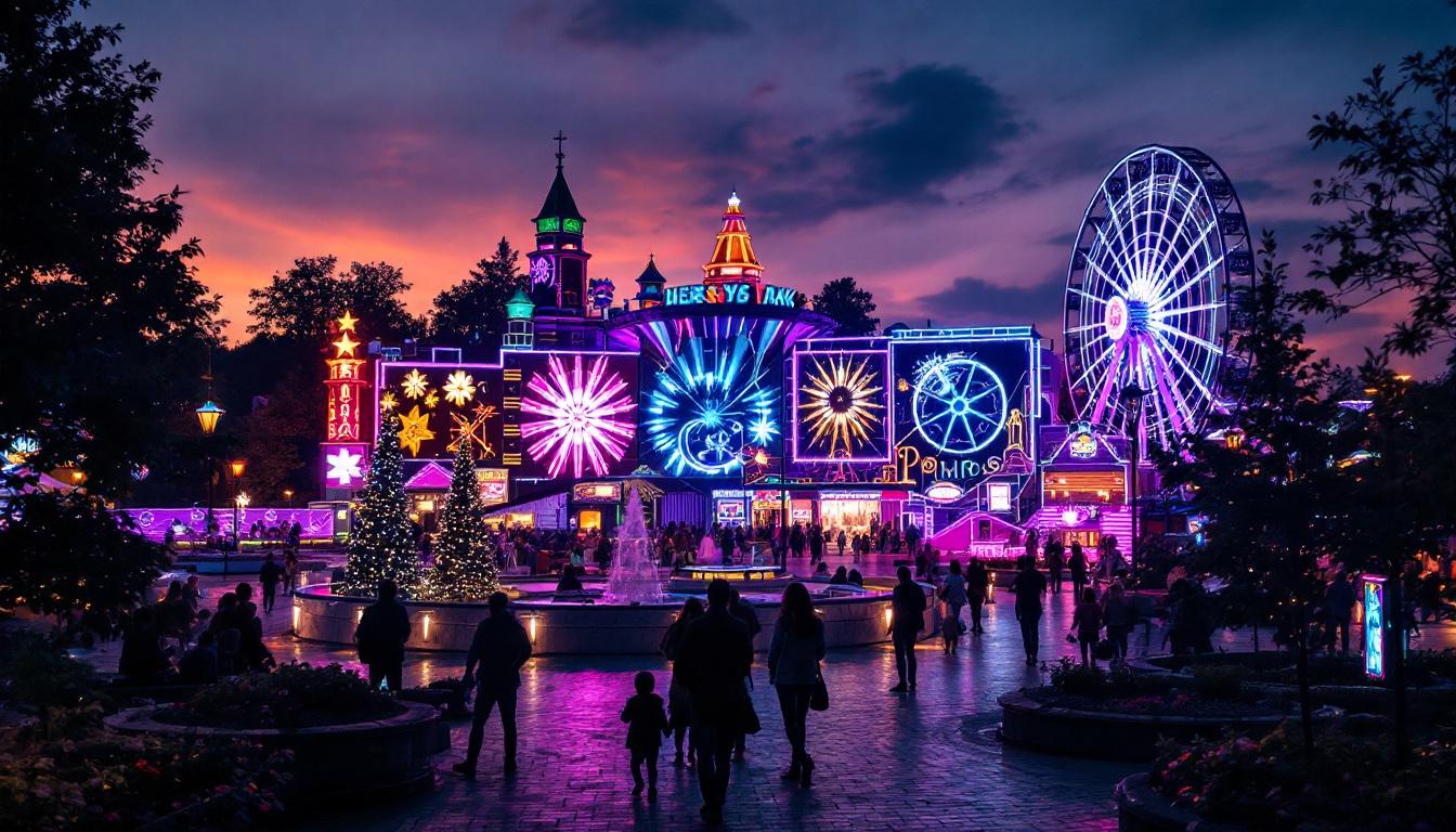 A photograph of capture a photograph of the vibrant led display at hershey park during the evening