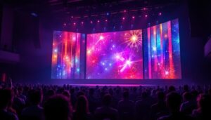 A photograph of a vibrant led display in a theater setting