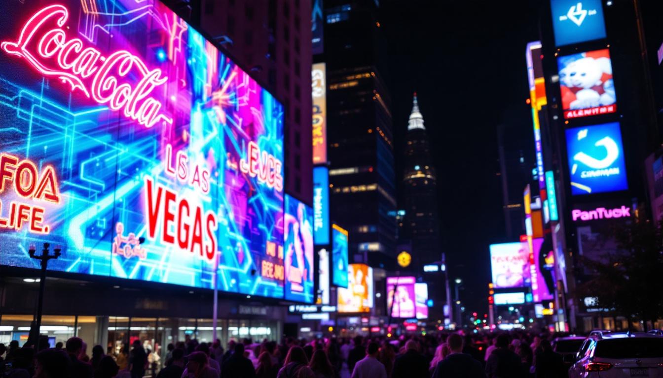A photograph of capture a photograph of a vibrant led display in a bustling urban setting