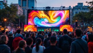 A photograph of a vibrant outdoor event featuring a large led screen displaying dynamic visuals
