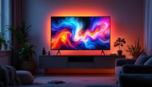 A photograph of a modern led tv in a cozy living room setting