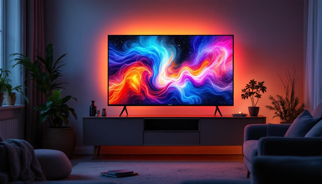 A photograph of a modern led tv in a cozy living room setting