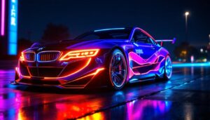 A photograph of a vibrant led car display at night