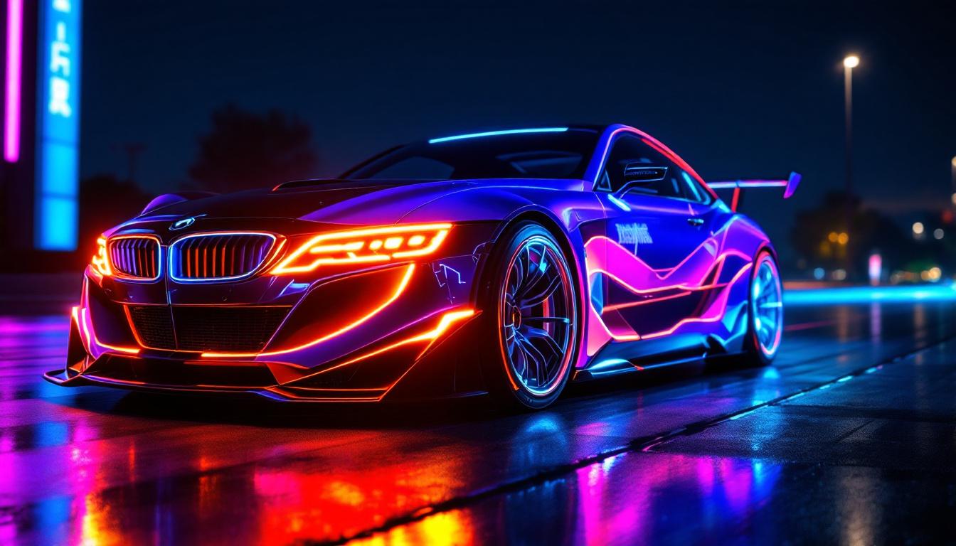 A photograph of a vibrant led car display at night