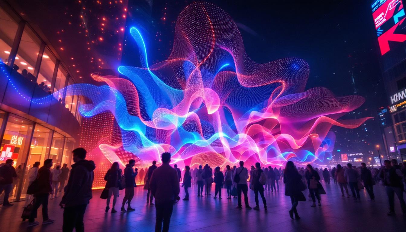 A photograph of capture a photograph of a vibrant led mesh display in an urban setting