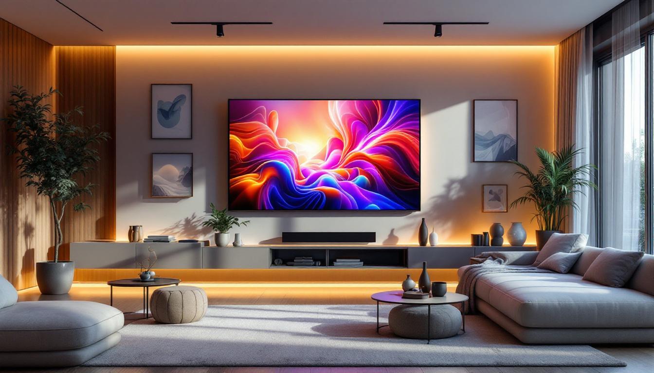 A photograph of a modern living room featuring a sleek led display integrated into a stylish wall