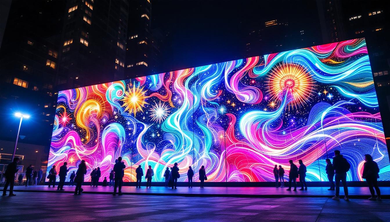 A photograph of a vibrant led display in an urban setting