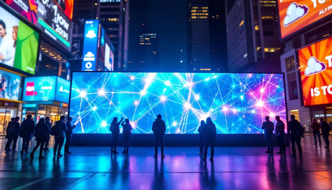 A photograph of capture a photograph of a vibrant led display in a dynamic urban setting