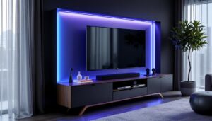 A photograph of a stylish av media cabinet featuring an illuminated led display