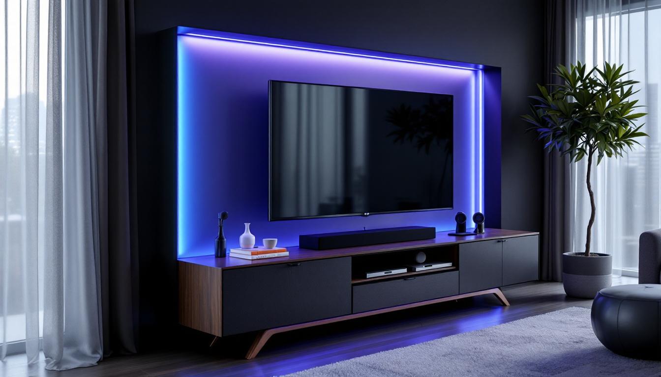 A photograph of a stylish av media cabinet featuring an illuminated led display