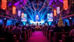 A photograph of a vibrant church setting adorned with festive christmas decorations