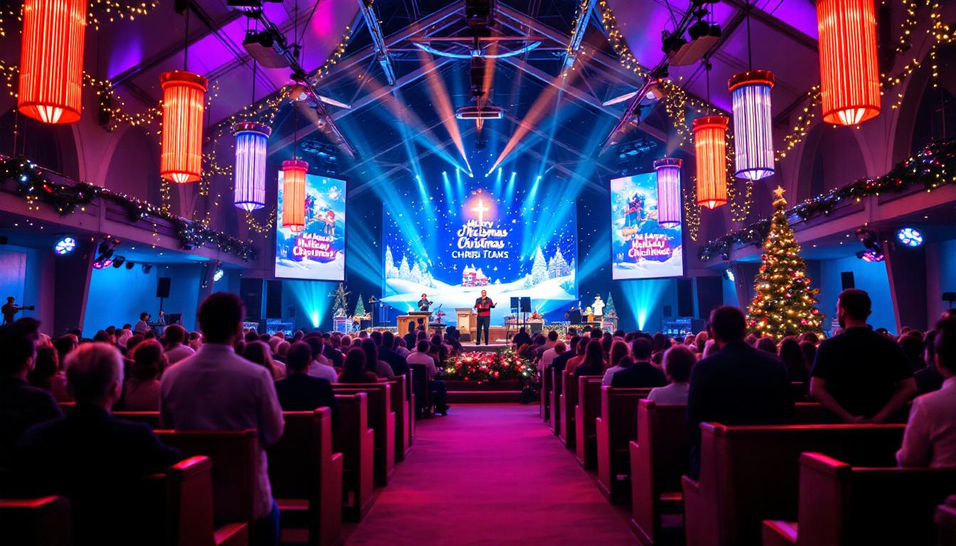 A photograph of a vibrant church setting adorned with festive christmas decorations
