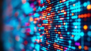 A photograph of a close-up shot of an led display screen