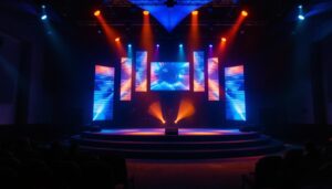 A photograph of a small church stage featuring an innovative led display setup