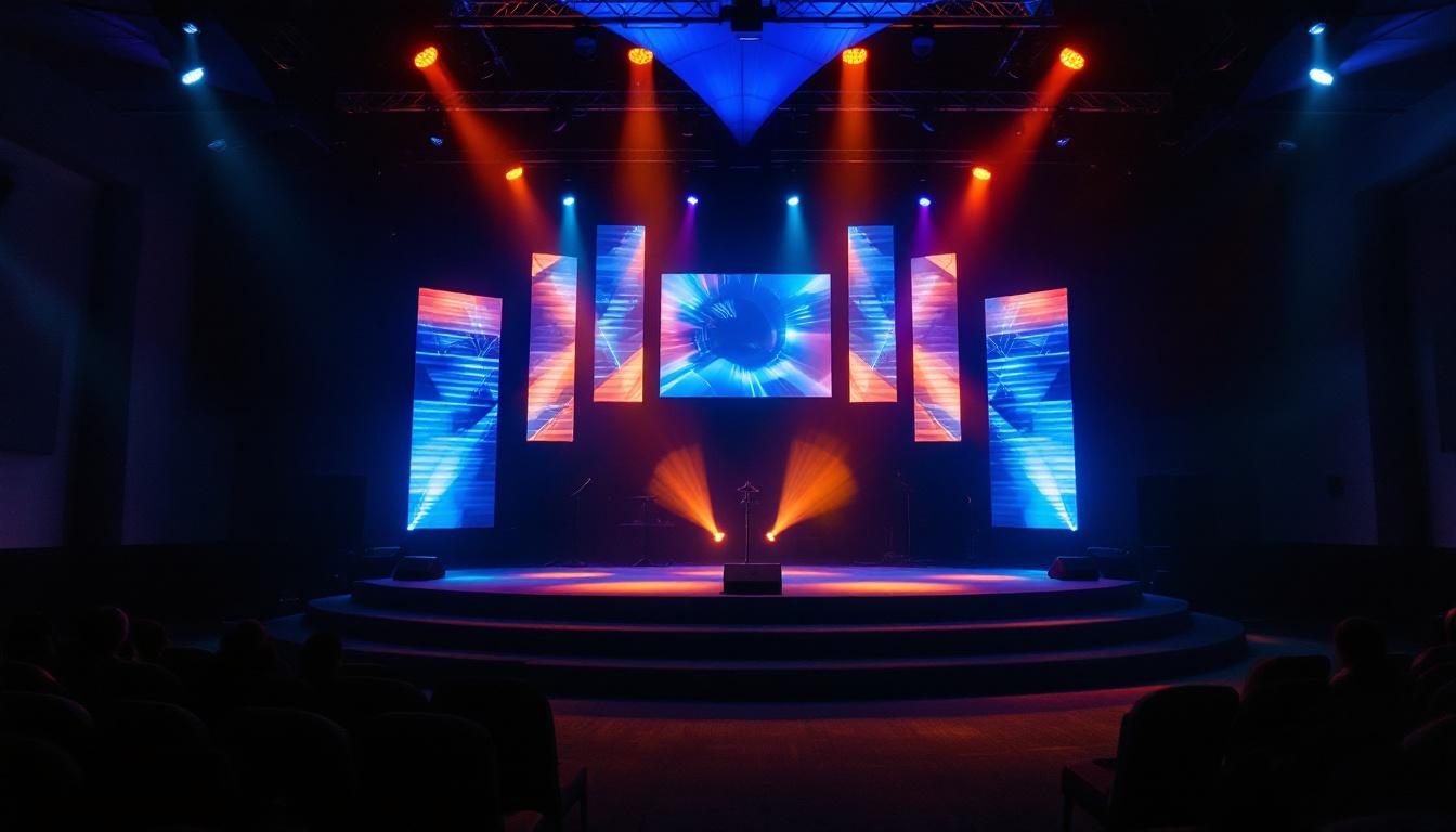 A photograph of a small church stage featuring an innovative led display setup