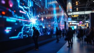 A photograph of a vibrant and dynamic las vegas trade show scene featuring an impressive led video wall in action