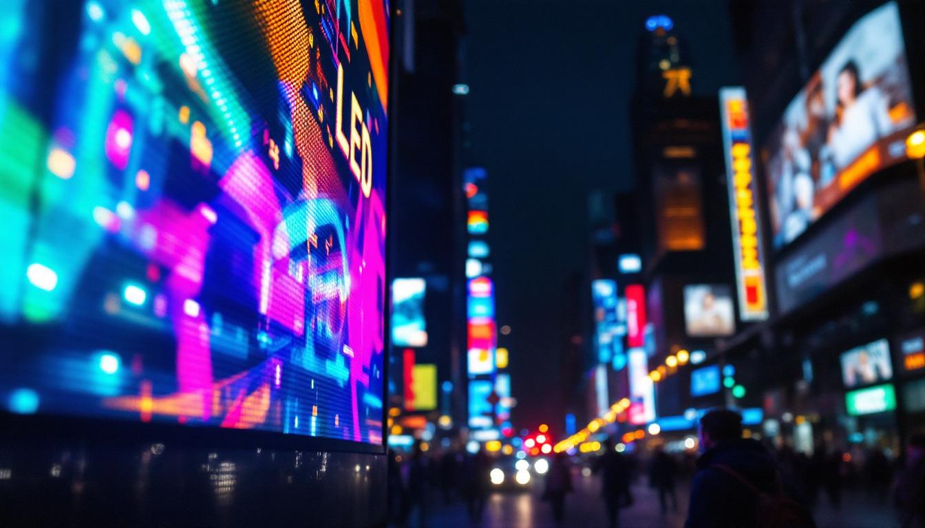 A photograph of capture a photograph of a vibrant led display in a bustling urban setting