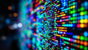 A photograph of a close-up of an led display showcasing vibrant colors and intricate patterns