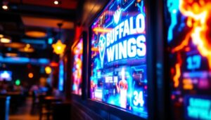 A photograph of capture a photograph of the vibrant led display at buffalo wild wings in san bernardino
