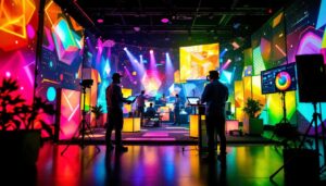 A photograph of a vibrant led display in action on a virtual production set