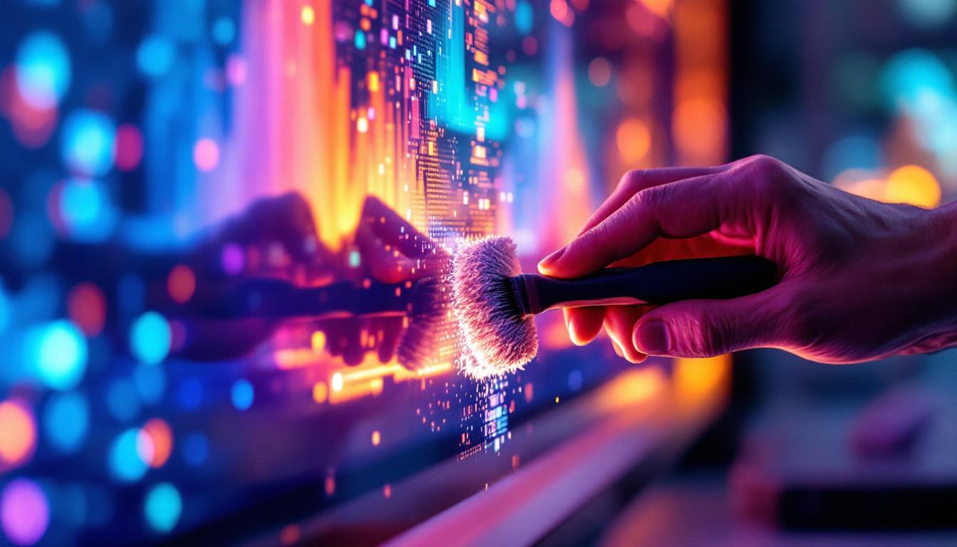 A photograph of a close-up of a person carefully cleaning an led screen with appropriate tools