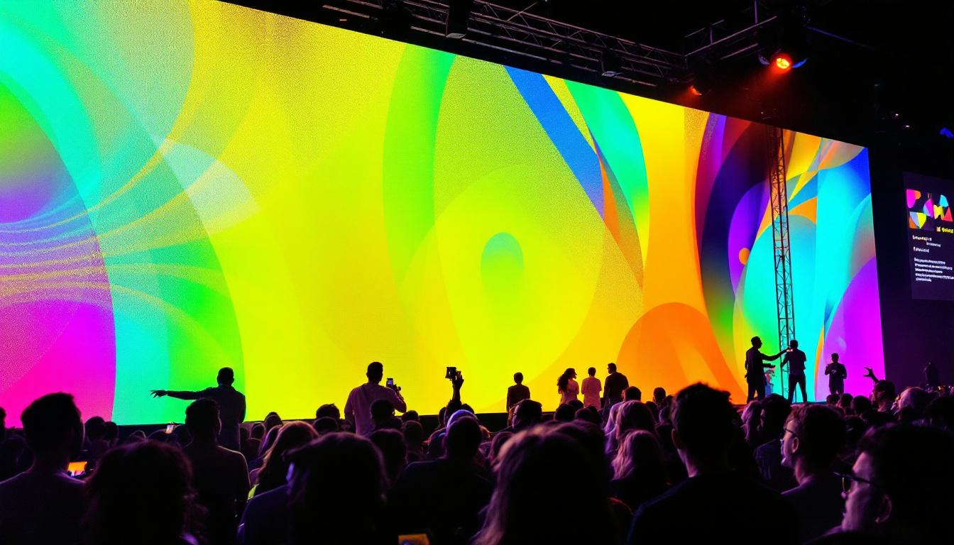A photograph of capture a photograph of a vibrant led screen installation at a lively event in atlanta