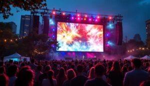 A photograph of a vibrant outdoor event featuring a large led screen displaying dynamic visuals