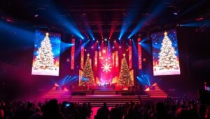 A photograph of capture a photograph of a vibrant christmas stage adorned with a large led display