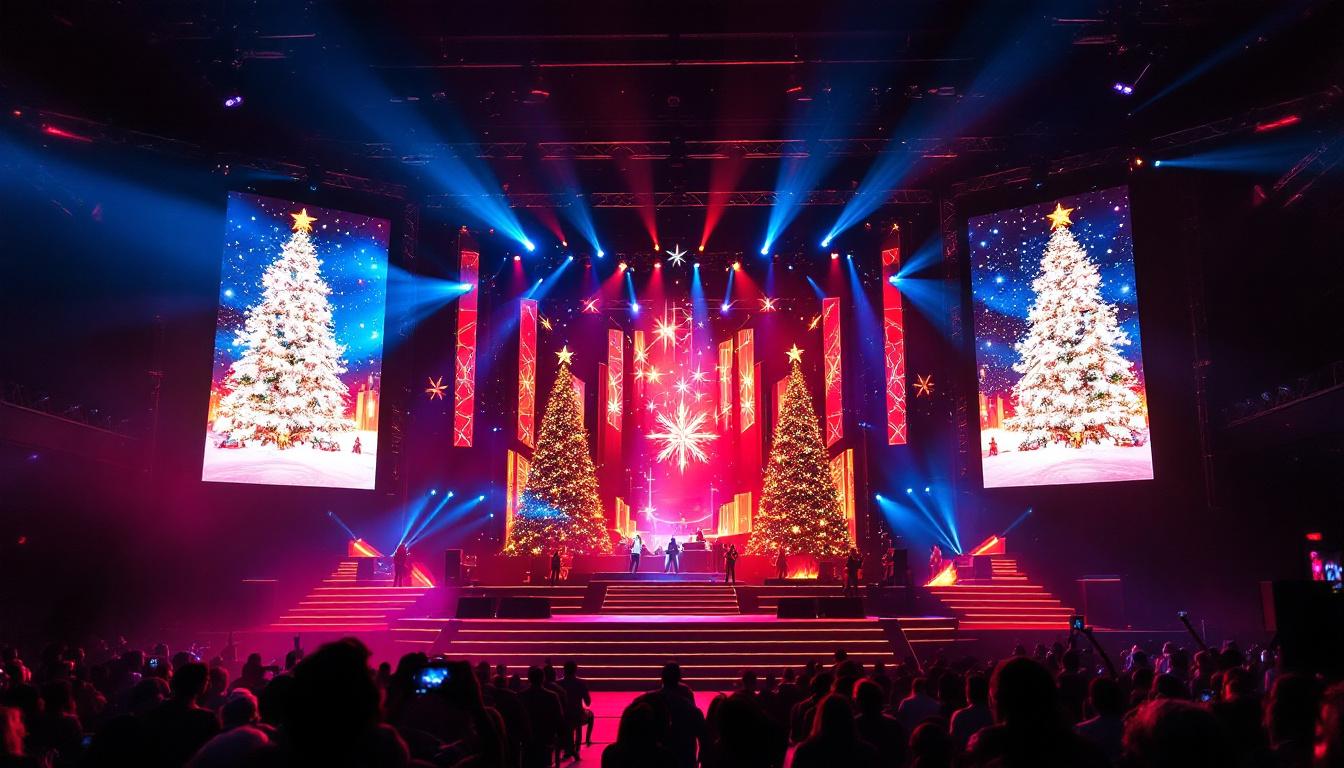 A photograph of capture a photograph of a vibrant christmas stage adorned with a large led display