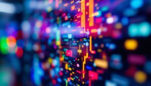 A photograph of a close-up shot of a vibrant led computer screen displaying a colorful graphic or interface