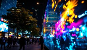 A photograph of a vibrant led display in a bustling urban setting