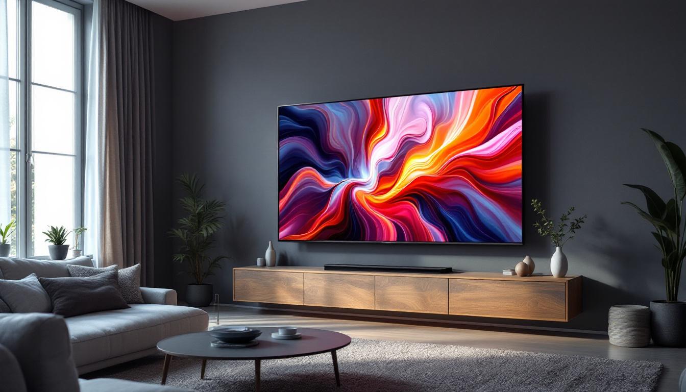 A photograph of a sleek 75-inch led tv prominently displayed in a modern living room setting