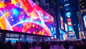A photograph of a vibrant led display in a bustling urban setting at night