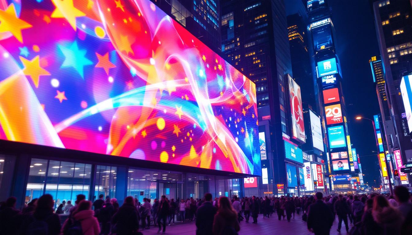 A photograph of a vibrant led display in a bustling urban setting at night