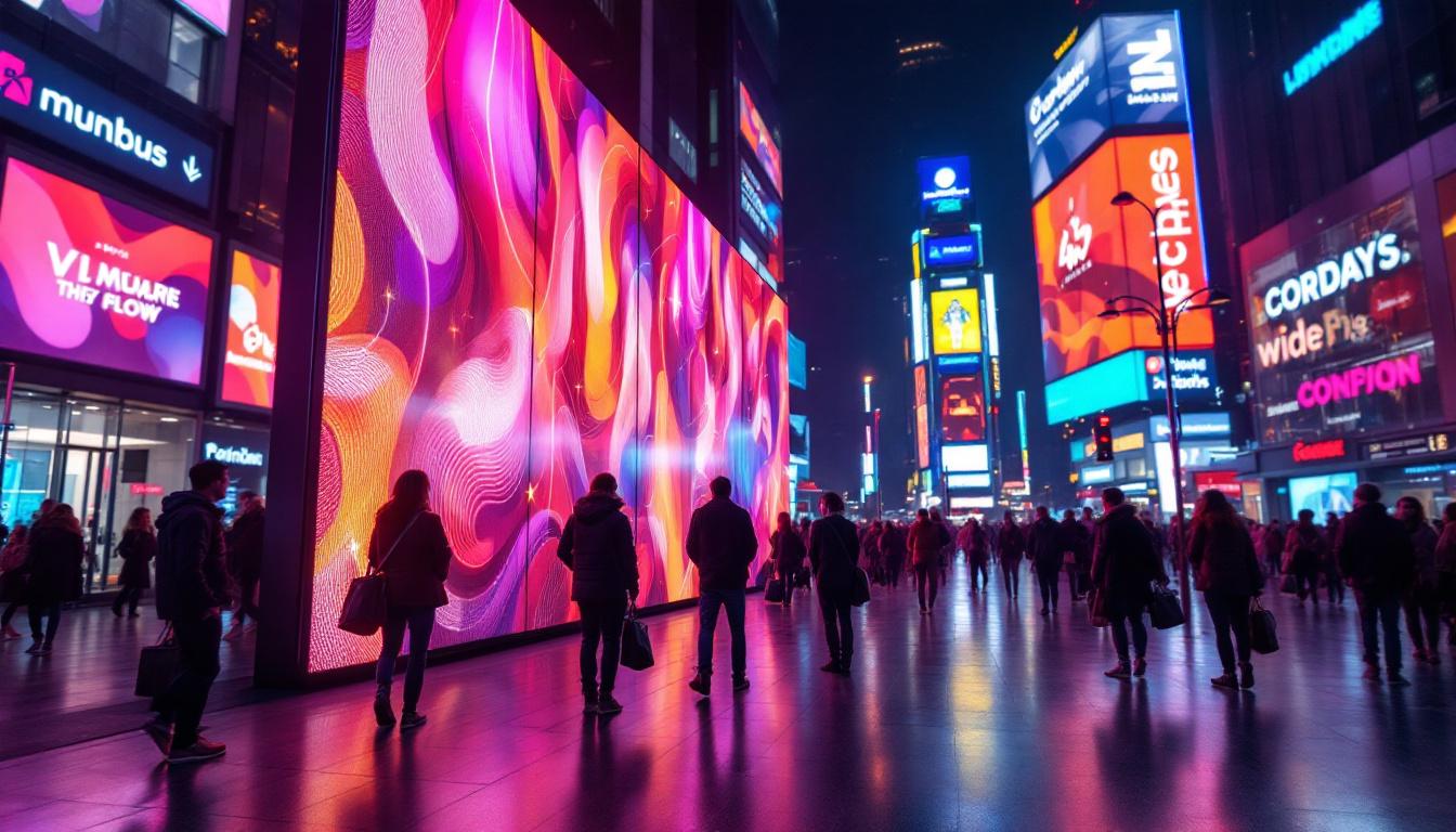 A photograph of a vibrant led display in a bustling urban setting