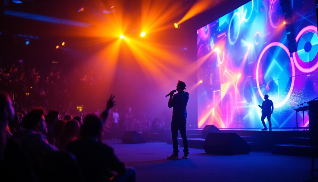 A photograph of capture a photograph of a vibrant church stage featuring a large led display in action