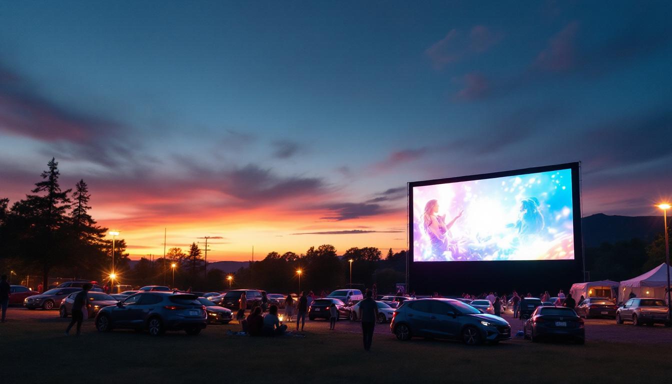 A photograph of a vibrant drive-in theater scene at dusk