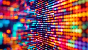 A photograph of a close-up shot of an led display screen showing a vibrant image