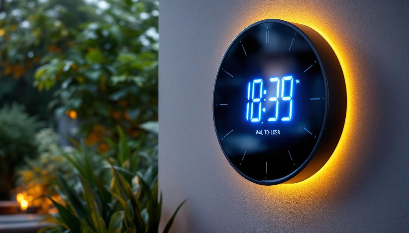 A photograph of a large outdoor wall clock with a clear led display