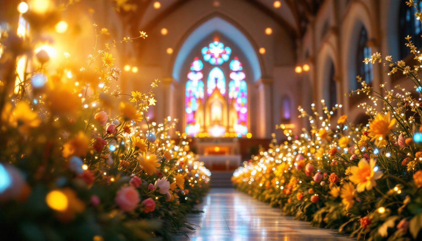 A photograph of capture a photograph of a beautifully decorated church interior featuring vibrant easter-themed led displays