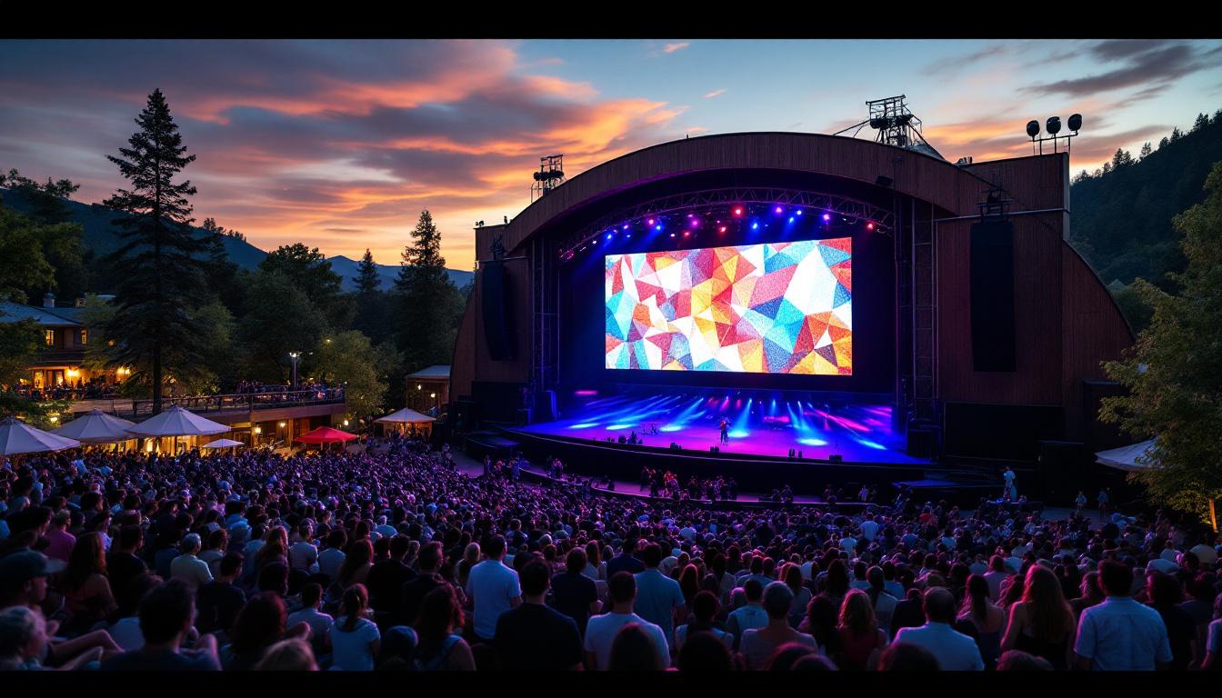 A photograph of capture a photograph of the ashland outdoor theater showcasing its vibrant led display in action during a performance