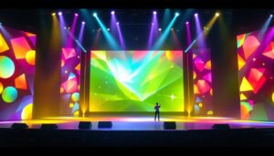 A photograph of a vibrant stage set design featuring an immersive led display